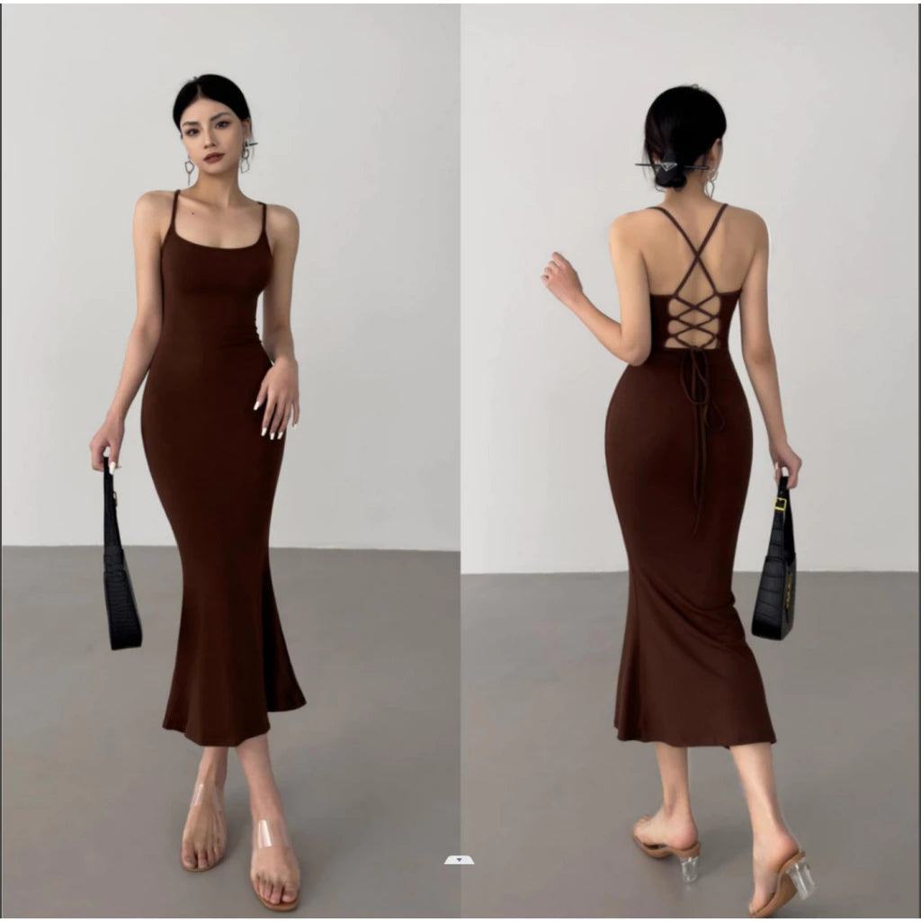 EMITA BLOOM dress abu abu wanita kondangan long dress backless wanita Elegant korean beach Dress ke pantai dress import