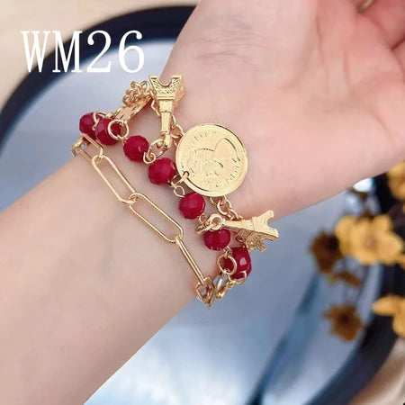 14 model Rantai Pesona Kristal Berwarna Gelang manik Multi-lapis Wanita Buatan Tangan Emas