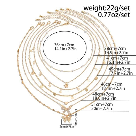 7 pcs set Gold Multilayer Necklace Set / kalung multi layer pendant retro multi layer necklace