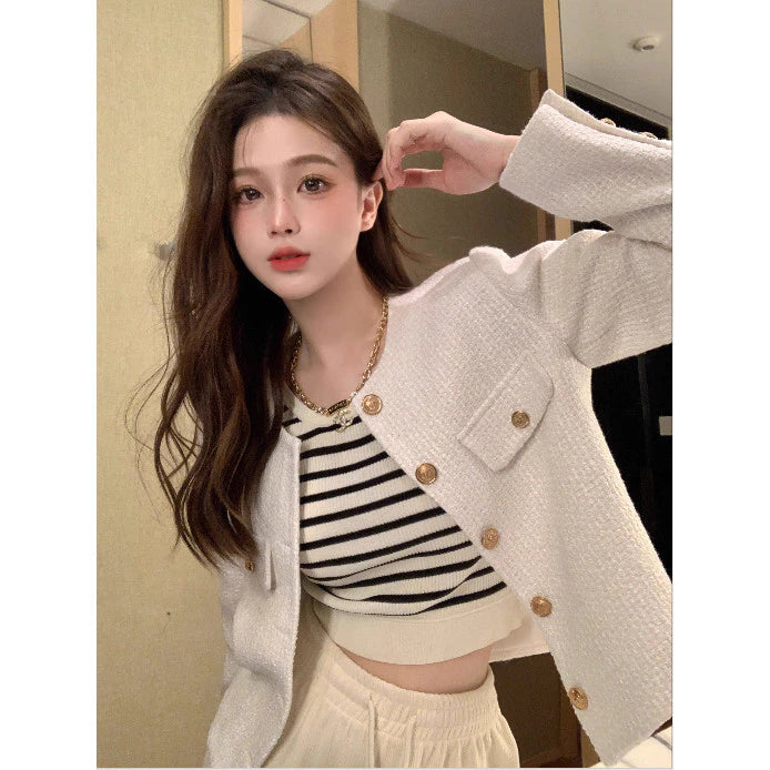 EMITA BLOOM tweed blazer crop wanita kekinian atasan outer biru muda lengan pendek wanita cardigan kondangan aesthetic korea style
