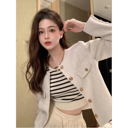EMITA BLOOM tweed blazer crop wanita kekinian atasan outer biru muda lengan pendek wanita cardigan kondangan aesthetic korea style