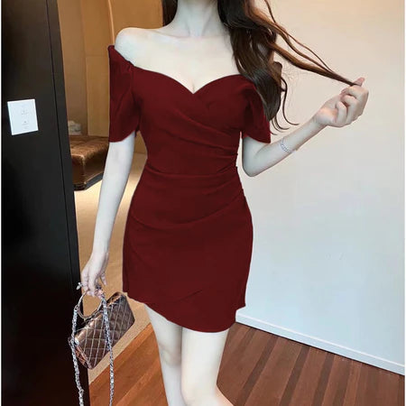 YIMITA summer korean style red long sleeve dress for woman mini formal elegant birthday party christmas dress for teens Lengan panjang