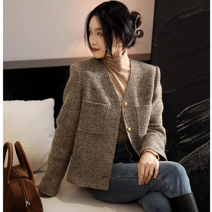EMITA BLOOM baju atasan outer pesta pink soft crop top lengan panjang kondangan simple elegan wanita kekinian korean style tweed