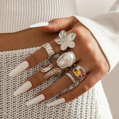 Sadyye 10PCS/SET Cincin Tanaman Rambat Cincin Berongga Bunga Bunga Sederhana Mutiara Imitasi