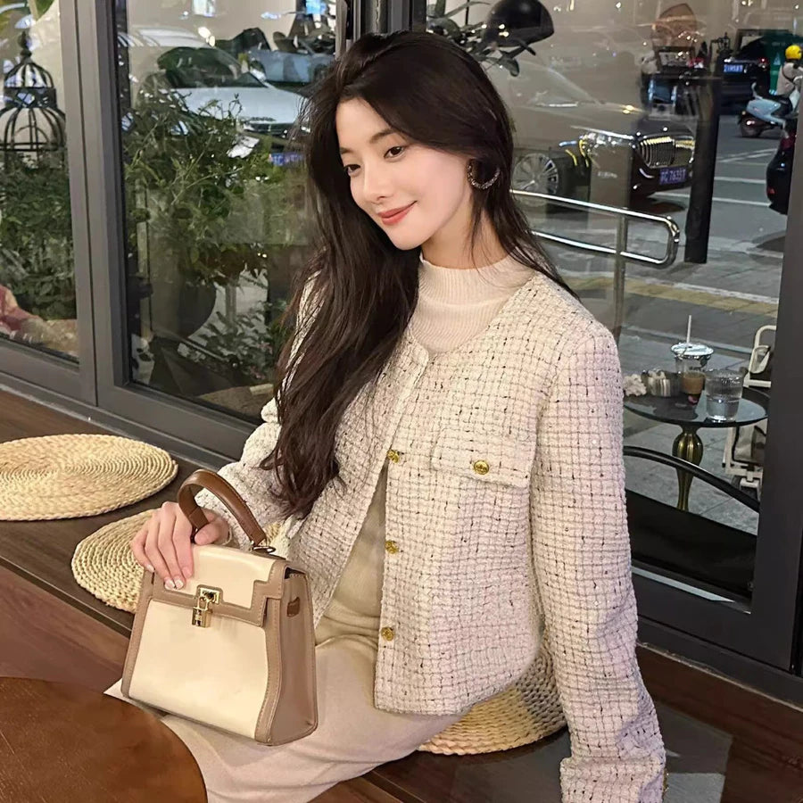 EMITA BLOOM baju atasan outer pesta pink soft crop top lengan panjang kondangan simple elegan wanita kekinian korean style tweed