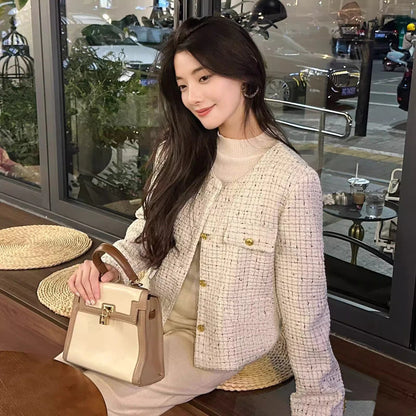 EMITA BLOOM baju atasan outer pesta pink soft crop top lengan panjang kondangan simple elegan wanita kekinian korean style tweed