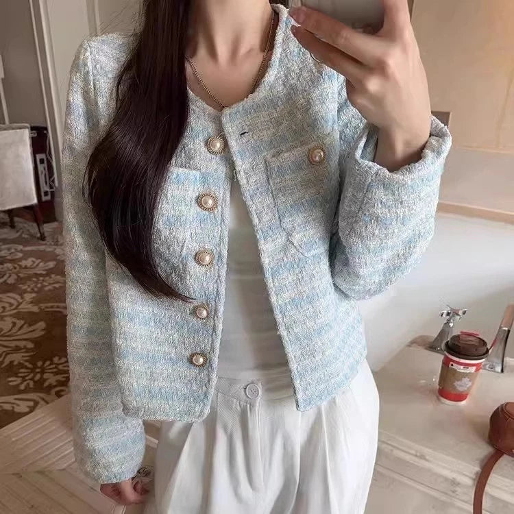 EMITA BLOOM jacket outer hitam polos kondangan wanita kekinian lebaran 2026 korean outer crop top lengan panjang tweed blazer wanita