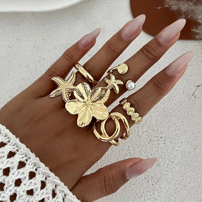 8 Pcs/Set Cincin Fashion Emas Gaya Retro Bohemian Aksesoris Rantai Silang Berongga Cincin Punk Paduan Seratus