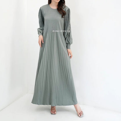 Maxi Dress Plisket Lidi Cabang Lengan Balon / Dress Lengan Panjang / Dress Panjang / Gaun Plisket Panjang / Pleated Dress