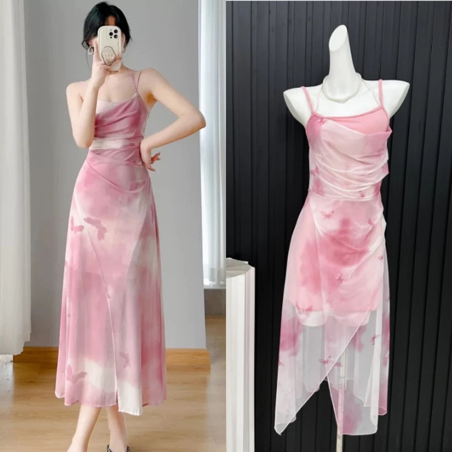 EMITA BLOOM fairy dress pink soft wanita korea baju flowy long dress pantai press Body korea style cantik dress tanpa lengan midi dress