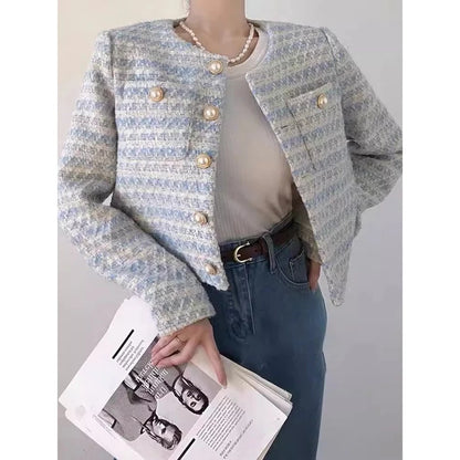 EMITA BLOOM outer hitam crop top lengan panjang kondangan wanita kekinian korean style lebaran 2026 tweed blazer wanita premium