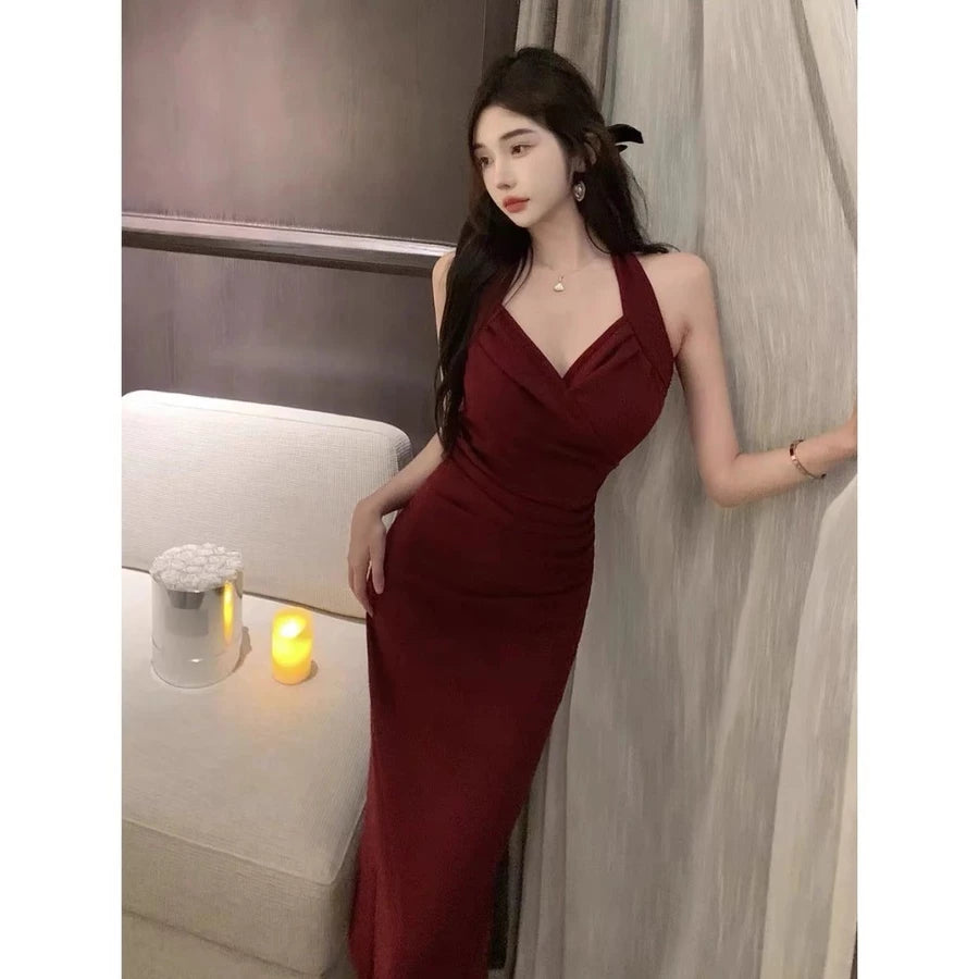 EMITA BLOOM baju dress brown backless pantai wanita ketat kondangan simple elegan kekinian korean style gaun pesta mewah elegan