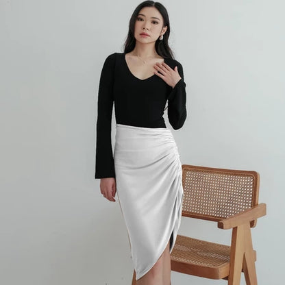 NZINGA Hyosonn | Skirt Wanita Slim Fit Polos - Rok Midi Kerut Belahan Depan Stylish | Ukuran S - XXL