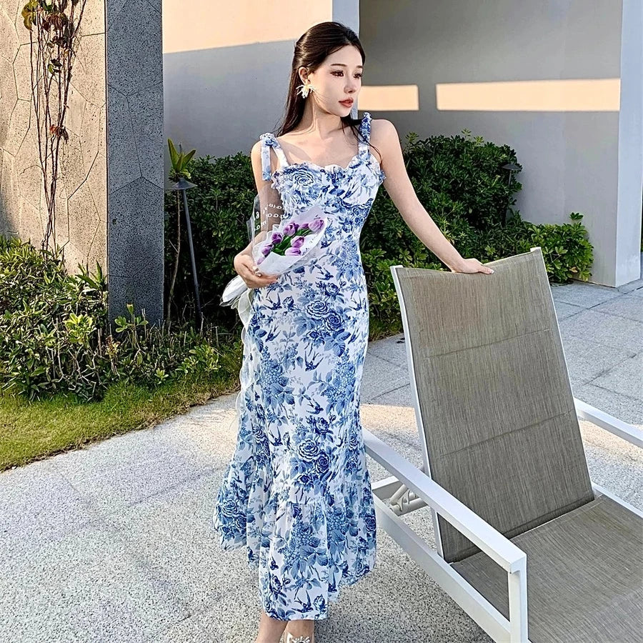 EMITA BLOOM dress abu abu wanita kondangan long dress backless wanita Elegant korean beach Dress ke pantai dress import