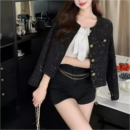 EMITA BLOOM baju atasan outer pesta pink soft crop top lengan panjang kondangan simple elegan wanita kekinian korean style tweed