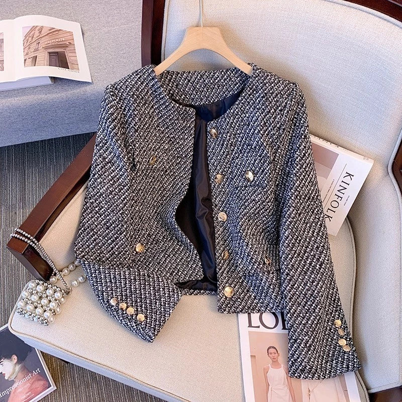 EMITA BLOOM tweed blazer crop wanita kekinian atasan outer biru muda lengan pendek wanita cardigan kondangan aesthetic korea style