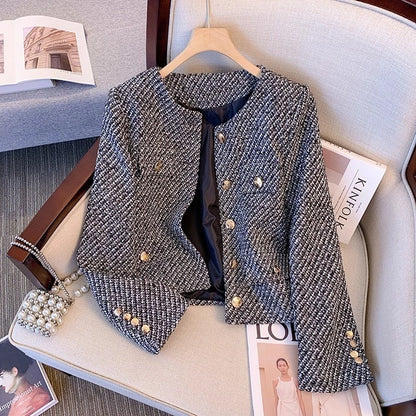 EMITA BLOOM tweed blazer crop wanita kekinian atasan outer biru muda lengan pendek wanita cardigan kondangan aesthetic korea style