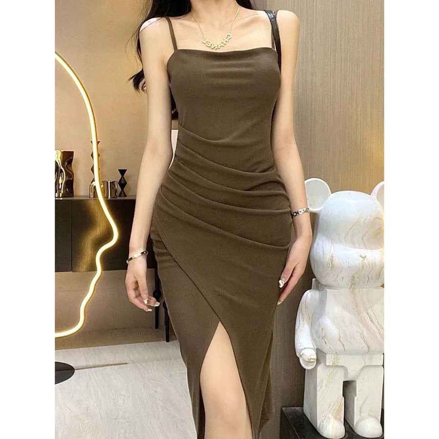 EMITA BLOOM baju dress brown backless pantai wanita ketat kondangan simple elegan kekinian korean style gaun pesta mewah elegan