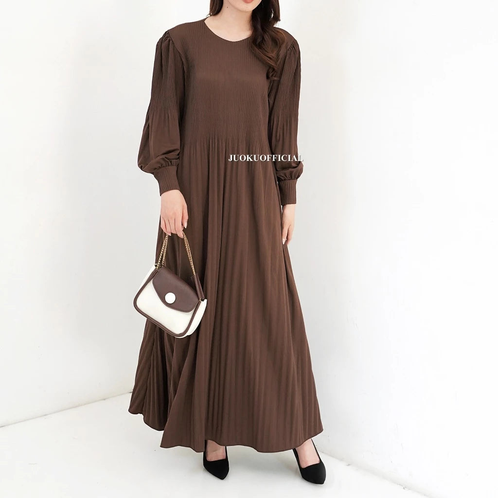 Maxi Dress Plisket Lidi Cabang Lengan Balon / Dress Lengan Panjang / Dress Panjang / Gaun Plisket Panjang / Pleated Dress