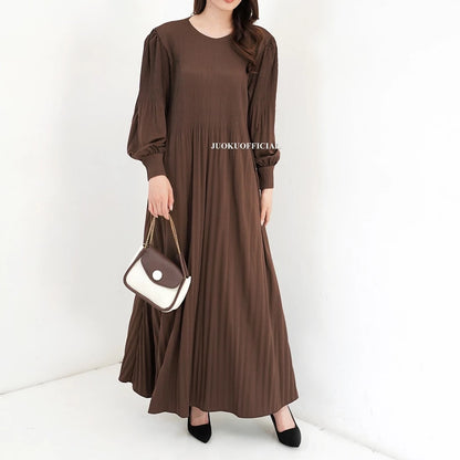 Maxi Dress Plisket Lidi Cabang Lengan Balon / Dress Lengan Panjang / Dress Panjang / Gaun Plisket Panjang / Pleated Dress