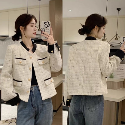 EMITA BLOOM baju atasan outer pesta pink soft crop top lengan panjang kondangan simple elegan wanita kekinian korean style tweed