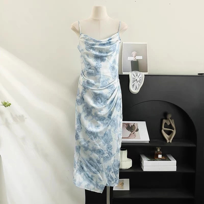 EMITA BLOOM dress abu abu wanita kondangan long dress backless wanita Elegant korean beach Dress ke pantai dress import