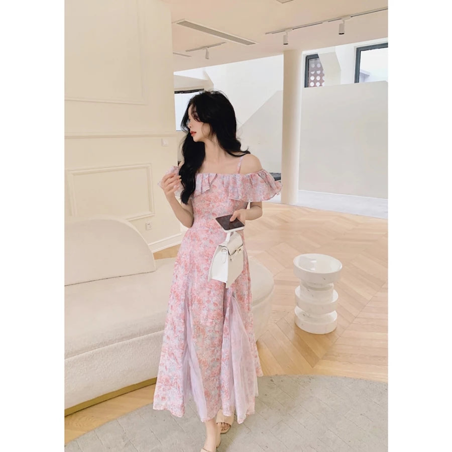 EMITA BLOOM fairy dress pink soft wanita korea baju flowy long dress pantai press Body korea style cantik dress tanpa lengan midi dress