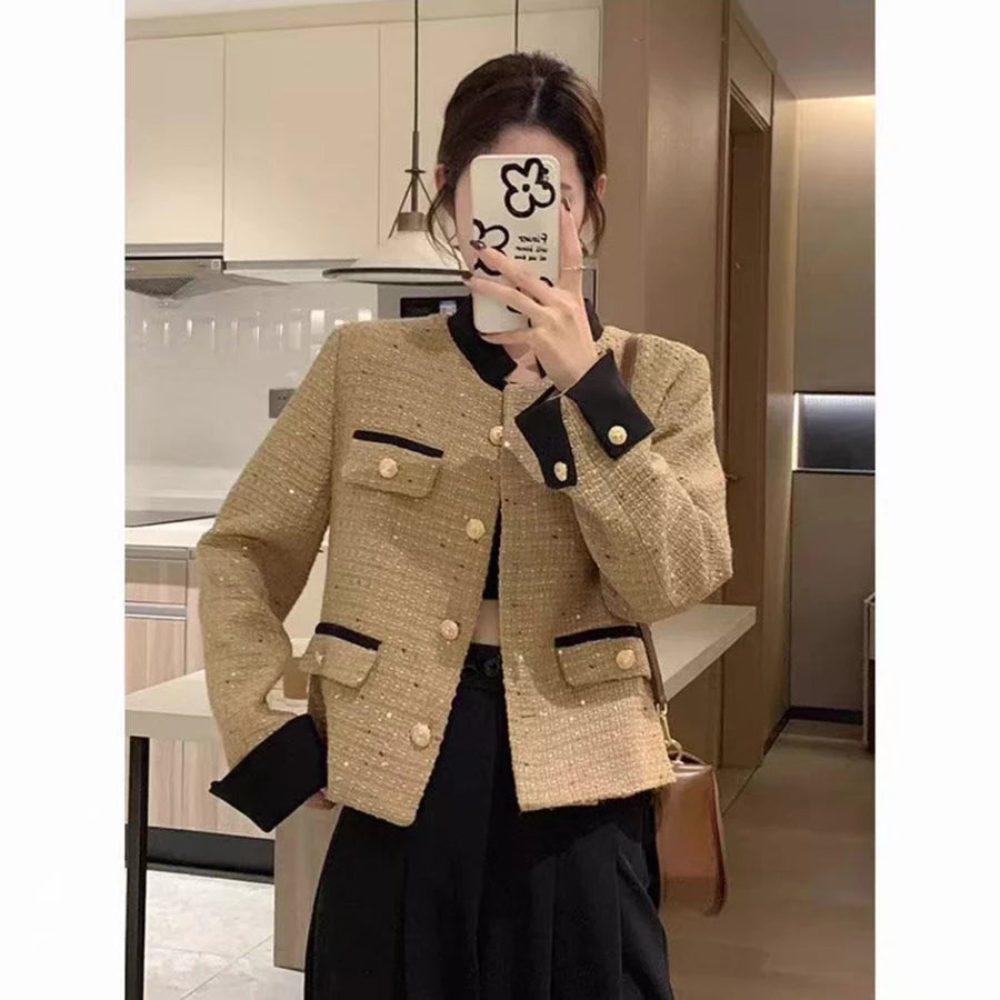 EMITA BLOOM baju atasan outer pesta pink soft crop top lengan panjang kondangan simple elegan wanita kekinian korean style tweed