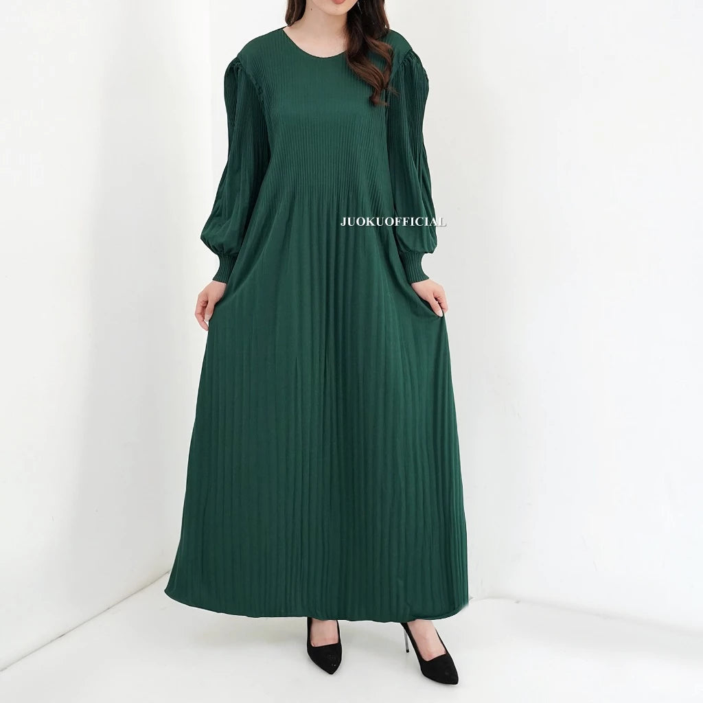 Maxi Dress Plisket Lidi Cabang Lengan Balon / Dress Lengan Panjang / Dress Panjang / Gaun Plisket Panjang / Pleated Dress