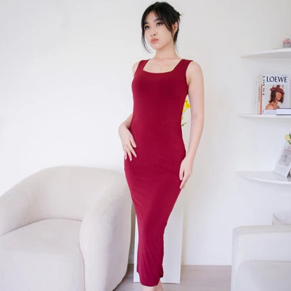 NZINGA Eva Midi | Midi Dress Wanita Slim Fit Polos - Baju Tanpa Lengan Square Neck Stylish | S - XXL