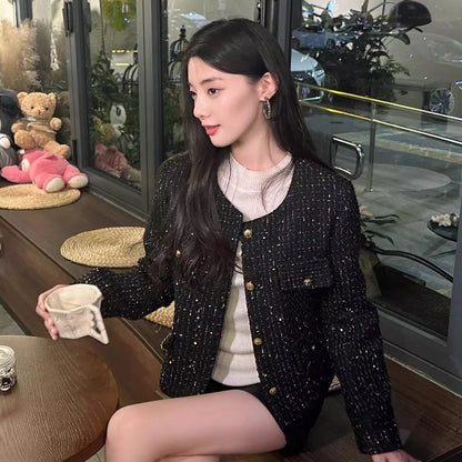 EMITA BLOOM tweed blazer crop wanita kekinian atasan outer biru muda lengan pendek wanita cardigan kondangan aesthetic korea style
