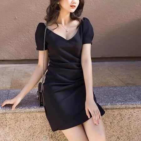 YIMITA summer korean style red long sleeve dress for woman mini formal elegant birthday party christmas dress for teens Lengan panjang