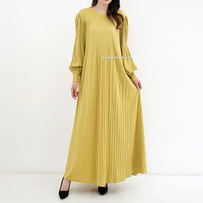 Maxi Dress Plisket Lidi Cabang Lengan Balon / Dress Lengan Panjang / Dress Panjang / Gaun Plisket Panjang / Pleated Dress