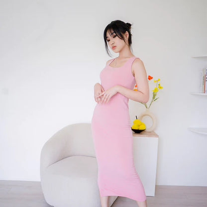 NZINGA Eva Midi | Midi Dress Wanita Slim Fit Polos - Baju Tanpa Lengan Square Neck Stylish | S - XXL