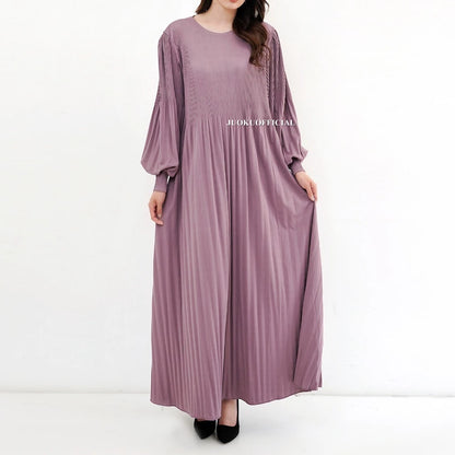 Maxi Dress Plisket Lidi Cabang Lengan Balon / Dress Lengan Panjang / Dress Panjang / Gaun Plisket Panjang / Pleated Dress