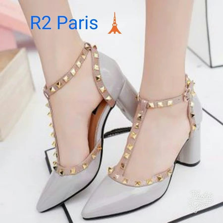 Promo Sanda High Heels Wanita Studs Manolo Abu. Putih. Pink. Hitam R2 Diskon