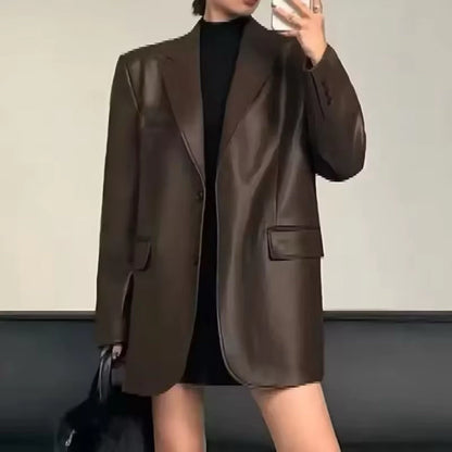 Blazer Kulit Wanita Coklat Oversize | Outer Kekinian Korea Look