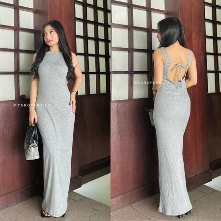 Tavia Long Dress Bahan Rib Backless Tali Belakang Punggung Terbuka Panjang Bodycon Strait Melar