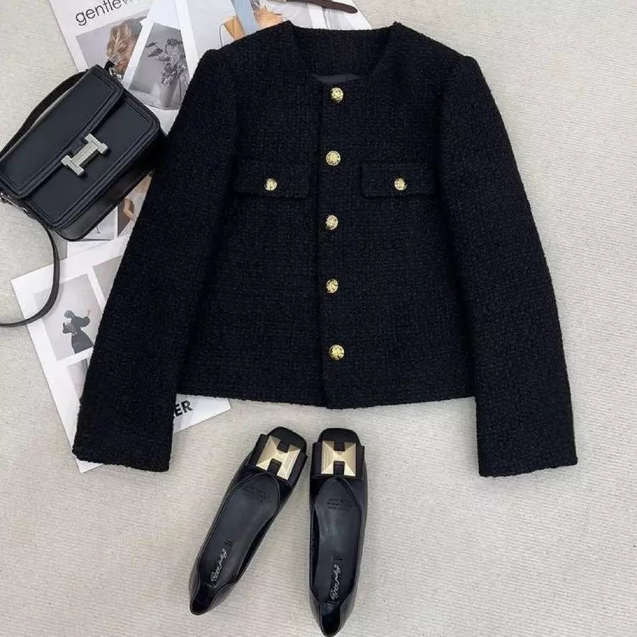 EMITA BLOOM jacket outer hitam polos kondangan wanita kekinian lebaran 2026 korean outer crop top lengan panjang tweed blazer wanita