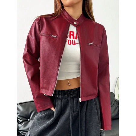 -Jaket Kulit Wanita Kasual kerah Berdiri Risleting Musim Semi