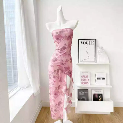 EMITA BLOOM fairy dress pink soft wanita korea baju flowy long dress pantai press Body korea style cantik dress tanpa lengan midi dress