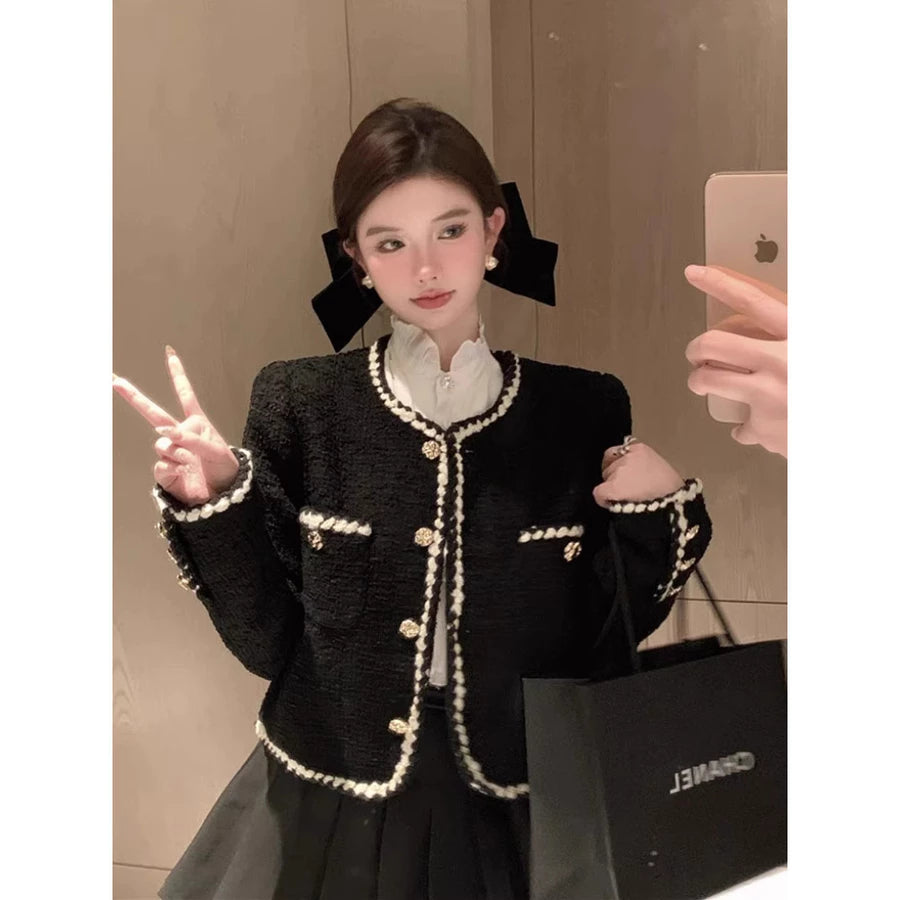 EMITA BLOOM jaket pink crop outer wanita korean style aestetic jumbo cewek terbaru 2026 tweed blazer cardigan wanita kekinian korea