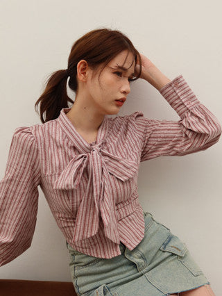 Juliete Stripe Fitted Ribbon Shirt Kemeja Tali Crop Salur Atasan Wanita Fit Body Pita