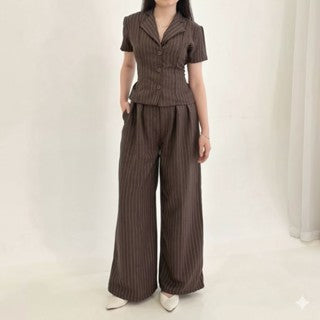 New York Set Wanita Stripe Formal Salur (Atasan+Celana) Fit Body Semiwoll Premium