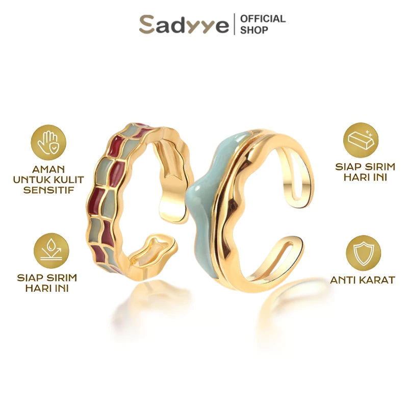 Sadyye Cincin Kotak-kotak Vintage Enamel Perancis Desain Cincin Jari Telunjuk Terbuka Checkerboard