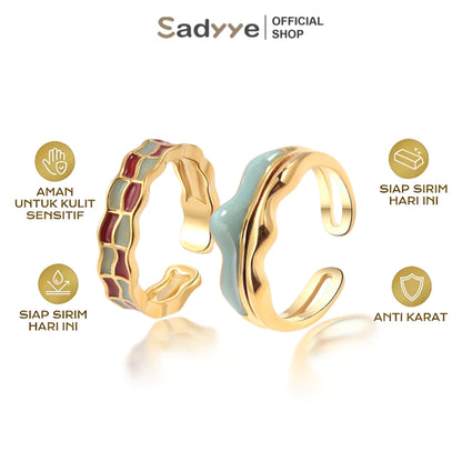 Sadyye Cincin Kotak-kotak Vintage Enamel Perancis Desain Cincin Jari Telunjuk Terbuka Checkerboard