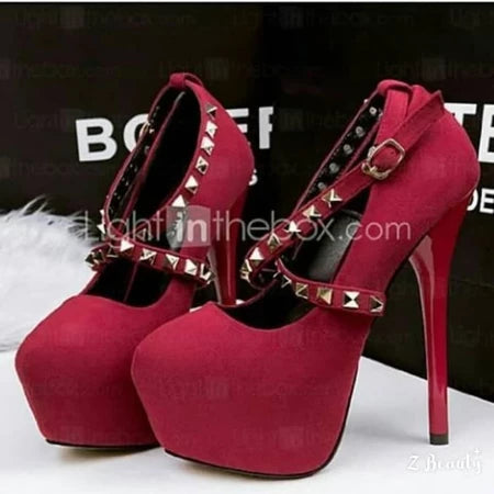 Promo Sepatu High Heels Wanita Stud 13cm X Mirriam Hitam Merah R2 Diskon