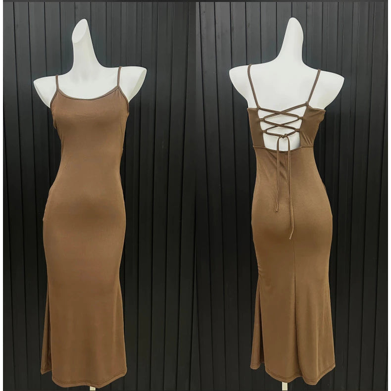 EMITA BLOOM baju dress brown backless pantai wanita ketat kondangan simple elegan kekinian korean style gaun pesta mewah elegan