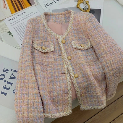 EMITA BLOOM baju atasan outer pesta pink soft crop top lengan panjang kondangan simple elegan wanita kekinian korean style tweed