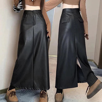 Rok Kulit Wanita PU Pinggang Tinggi Highwaist Saku Belahan Belakang
